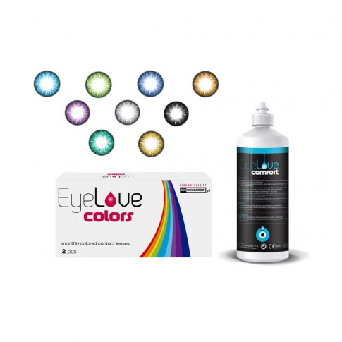 EyeLove Colors 2 szt. moc: 0,00 (PLAN) + płyn EyeLove Comfort 100 ml + pojemnik