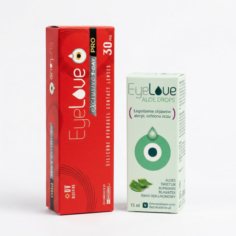 ZESTAW: EyeLove Exclusive PRO 1-Day 30 szt. + krople EyeLove Aloe Drops 15 ml GRATIS